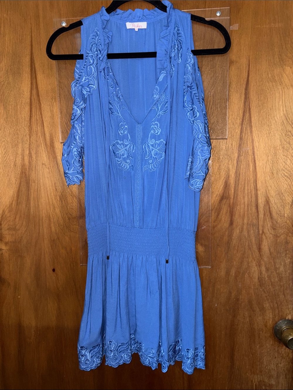 Parker Blue Embroidered Cold-Shoulder Mini Dress